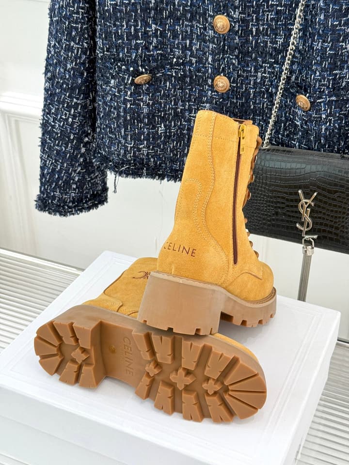 Celine Classic Triomphe Platform Martin Boots in Black Leather