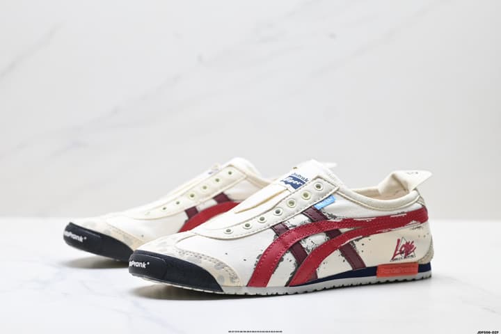 Onitsuka Tiger Mexico 66 Slip-On Casual Sneakers in Cream Black Stripes Graphic