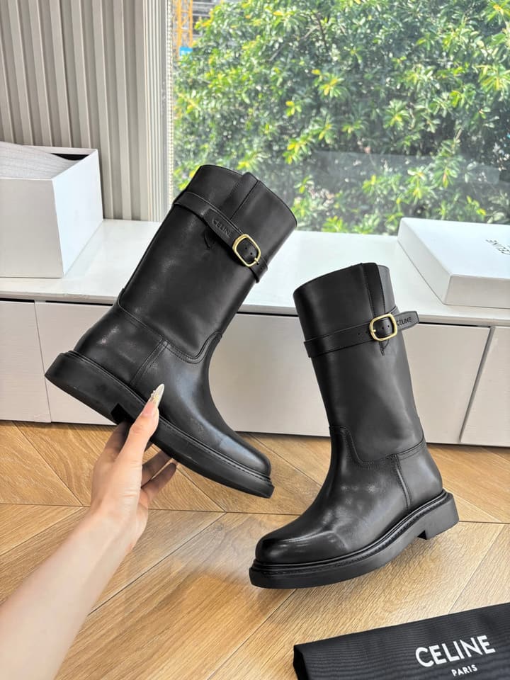 Celine Triomphe Knight Ankle Boots – 2025 Fall/Winter Collection in Black And Brown Leather Display