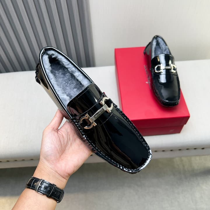Ferragamo Imported Cowhide Fur-Lined Loafers in Black Patent Leather