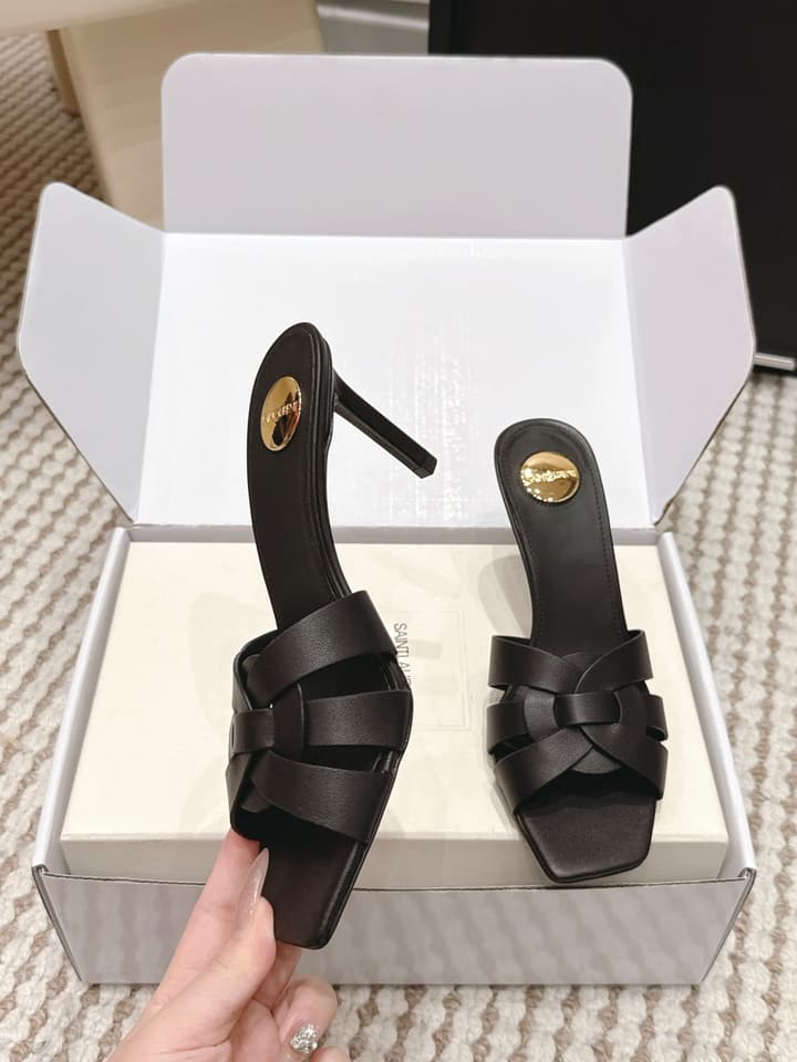 Saint Laurent Melody Square-Toe Heeled Sandals – 2026 Spring/Summer Collection in Beige Patent