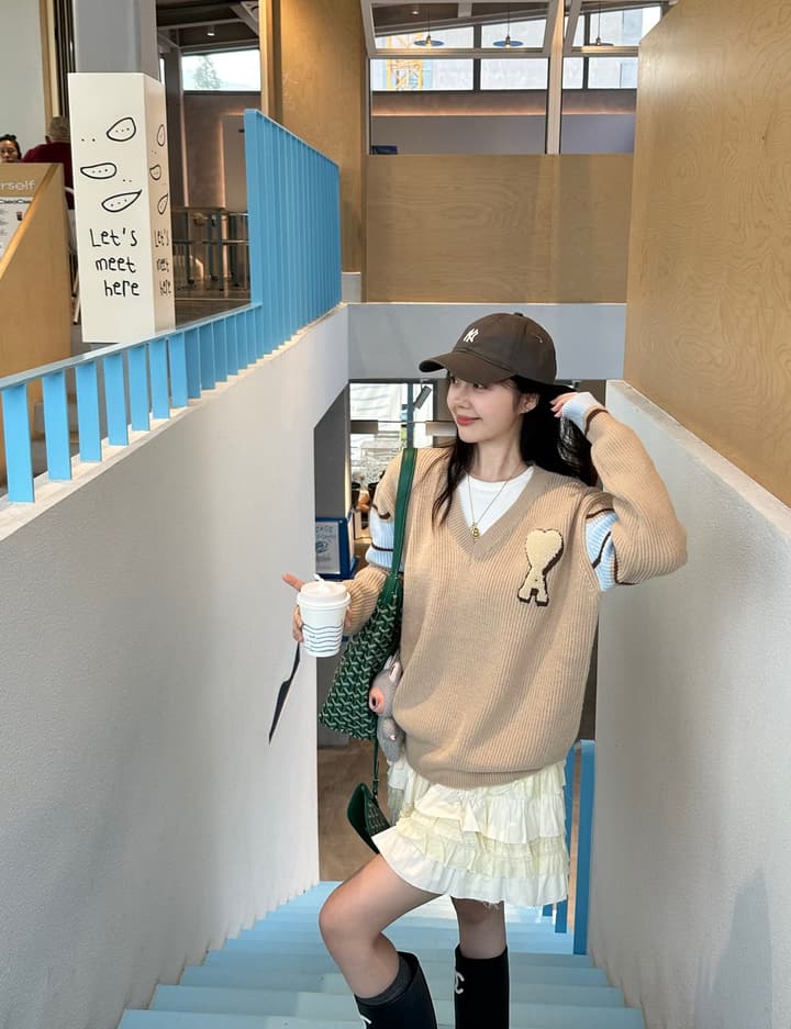 AMI Paris Classic Heart Logo V-Neck Knit Sweater in Khaki Brown With Striped Sleeves