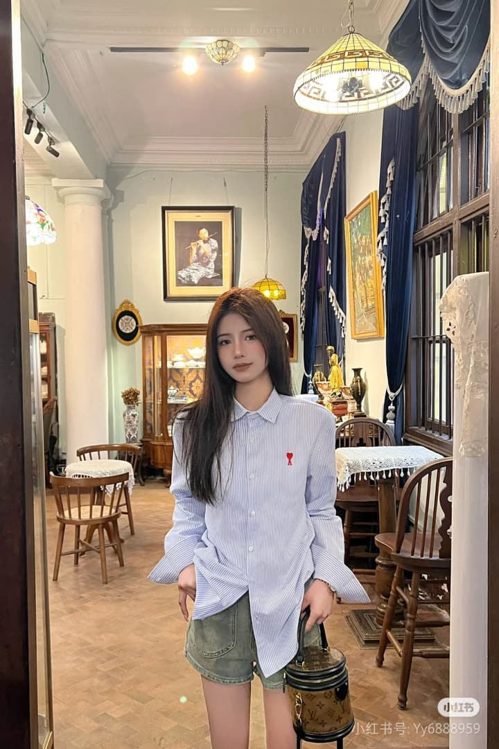 AMI Paris Small Heart Embroidered Striped Long Sleeve Shirt in Blue Stripe
