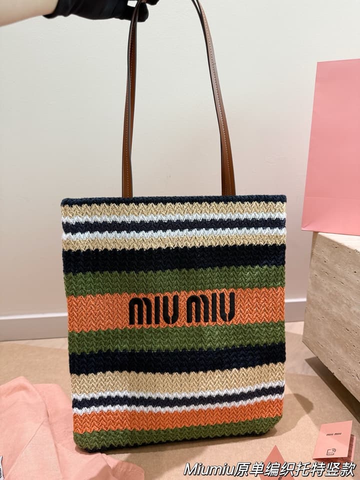 Miu Miu Striped Canvas Tote Bag Collection in Orange And Green Striped Horizontal Tote