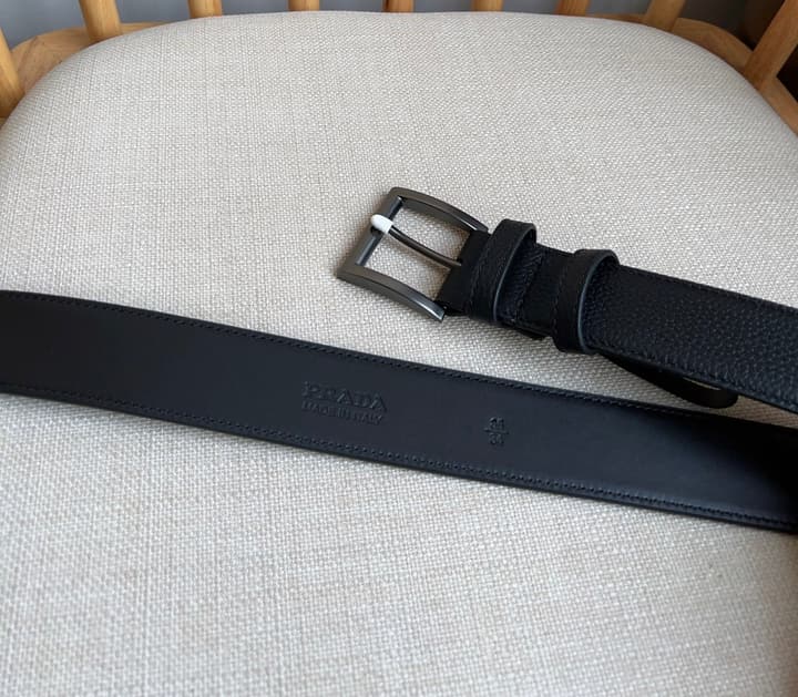 Prada Leather Belt with Triangle Logo in Black Leather Gold Buckle