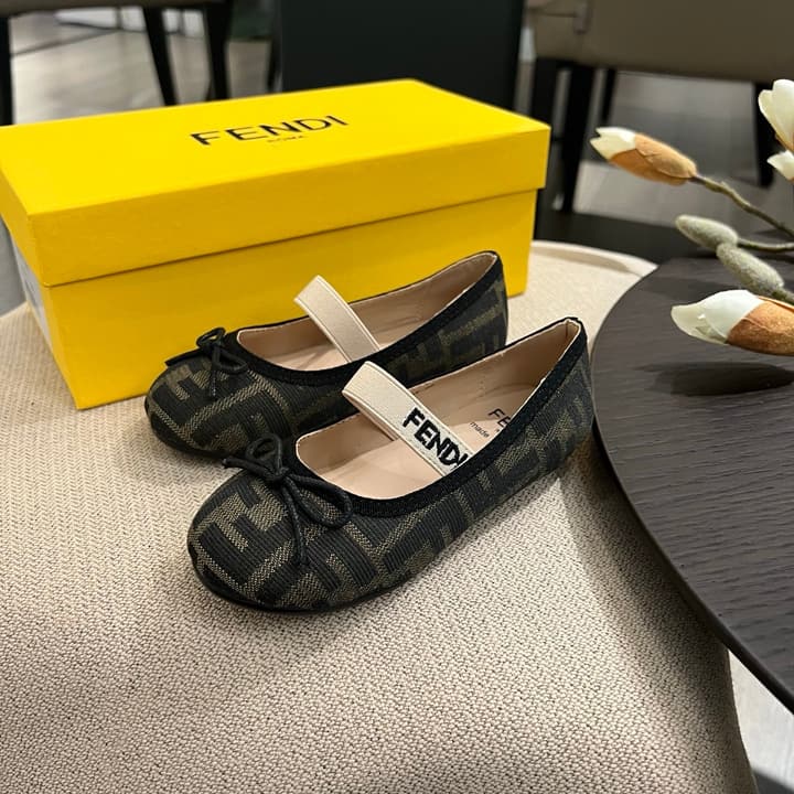 Fendi Girl's Double F Ballerina Flats – Kids Collection – 24SS in Black Monogram