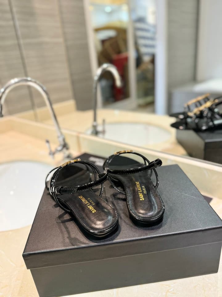 Saint Laurent YSL Metal Logo Heeled Sandals in Matte Black Criss-cross Strap Sandal