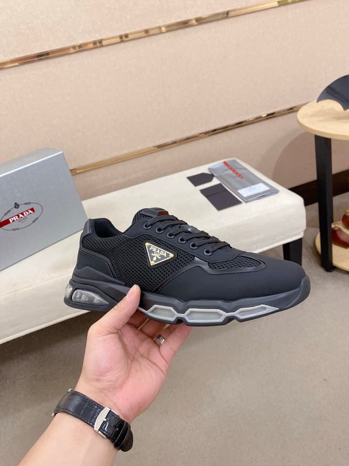 Prada Men's Leather Mesh Sneakers – New Collection in Light Grey With White Logo