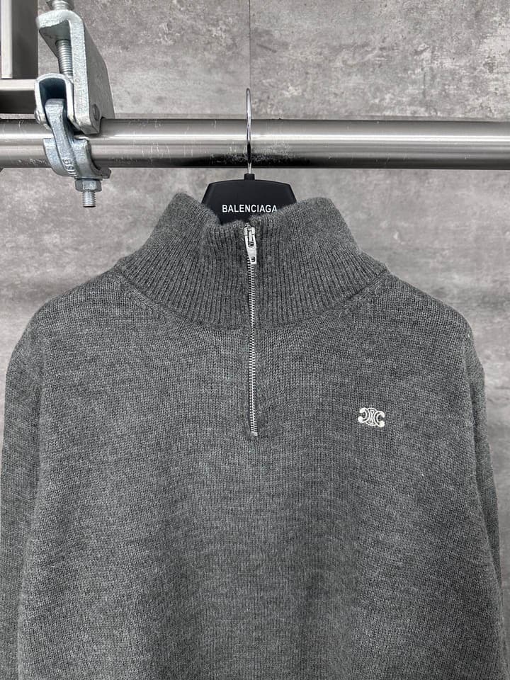 Celine Triomphe Embroidery Half-Zip Sweater – 24FW in Grey Half-zip Sweater
