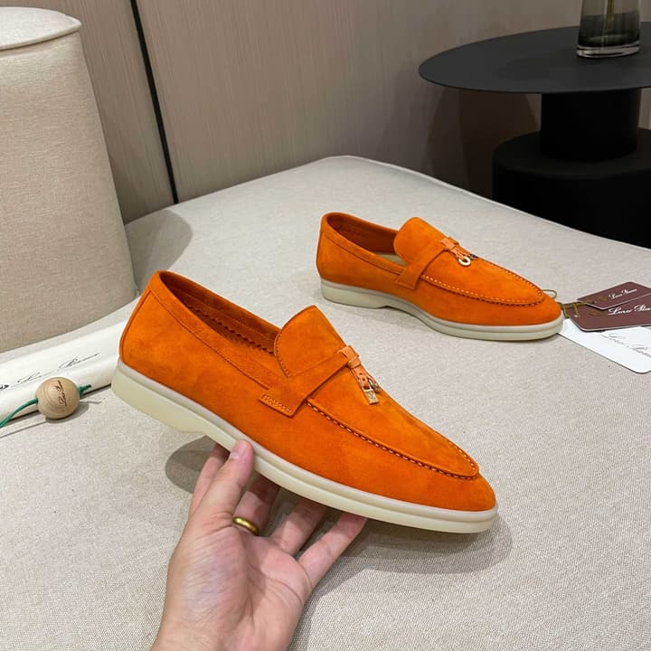 Loro Piana Summer Charms Walk Moccasin Loafers in Bright Orange Leather