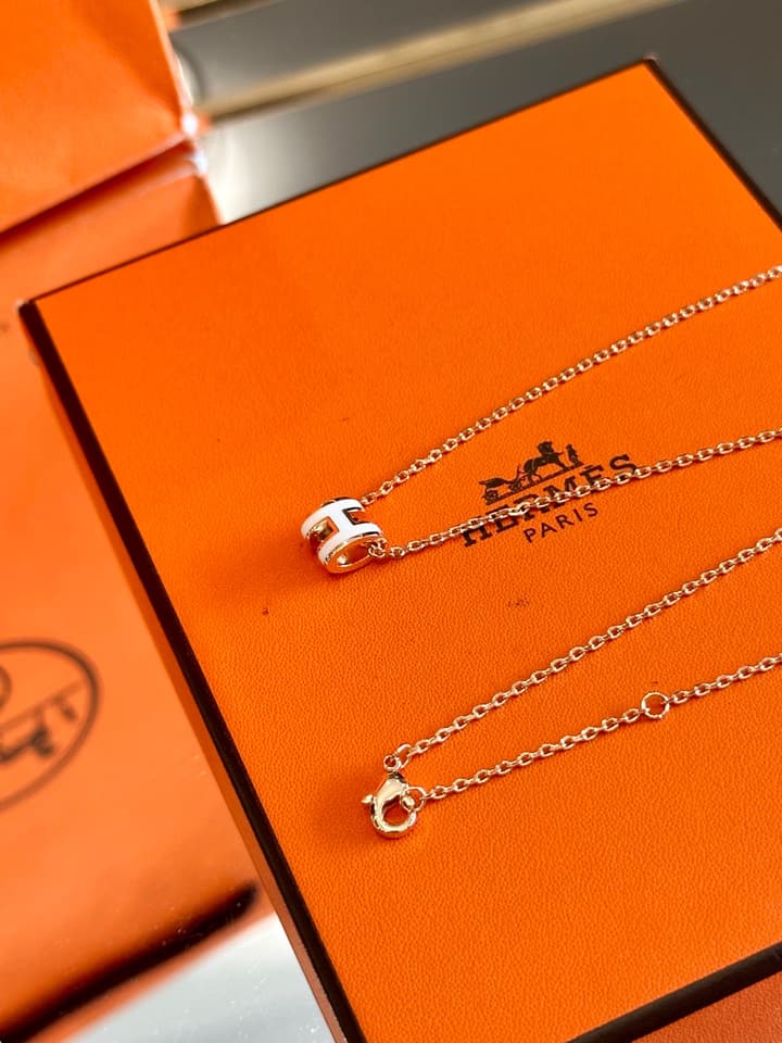 Hermès H-Letter Oval Enamel Necklace in Gold