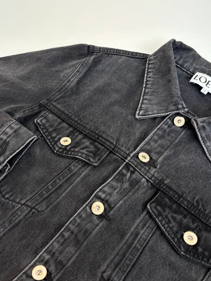 Loewe Embroidered Washed Distressed Denim Jacket in Washed Black