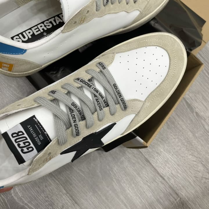 Golden Goose Ball Star Distressed Sneakers – 2023 Spring Collection in White Distressed With Blue Heel And Black Star