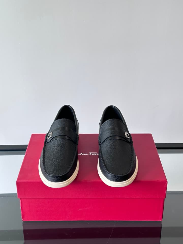Ferragamo Men's Imported Calfskin Driving Shoes in Classic Black Leather