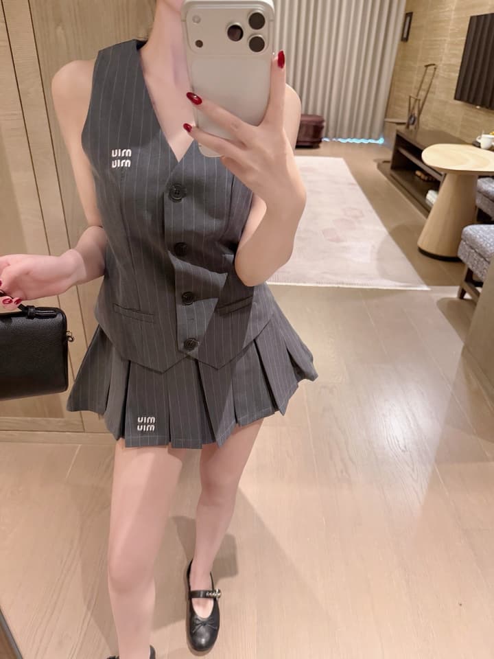 Miu Miu Embroidered Striped Vest & Pleated Skirt Set in Grey