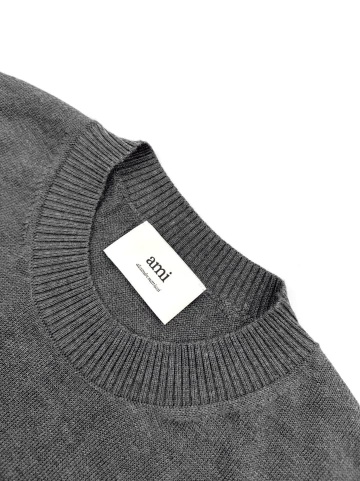 Ami Paris Heart Embroidery Merino Wool Sweater in Dark Grey With Red Heart