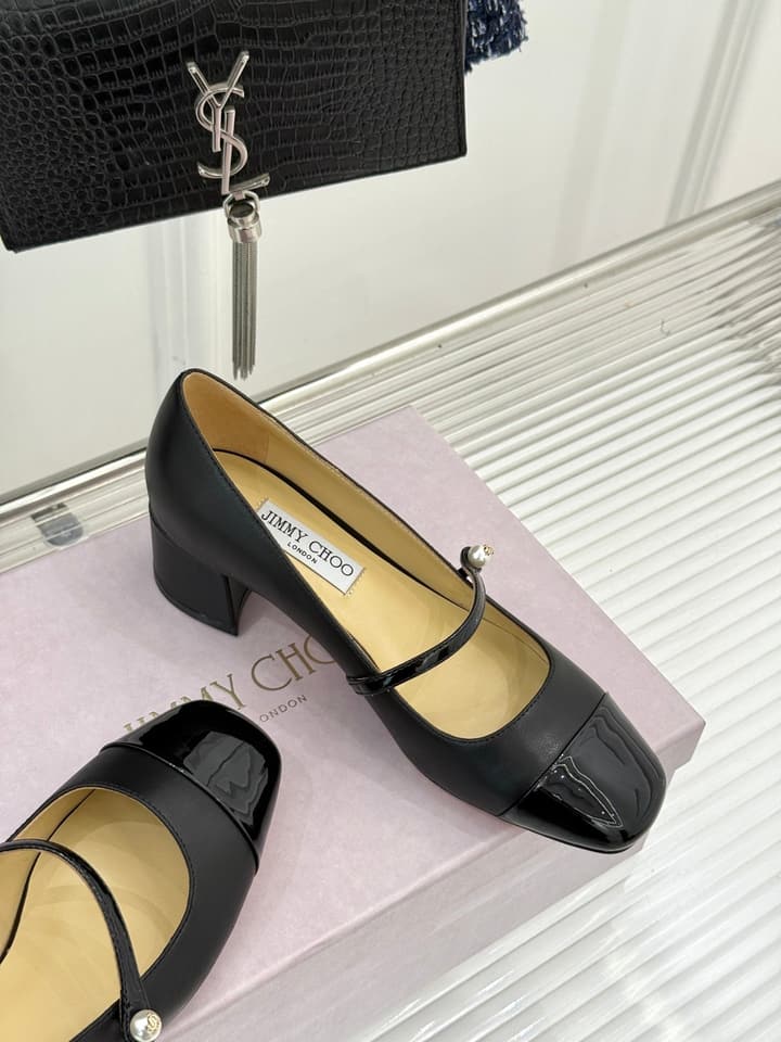 Jimmy Choo Color-block Pearl Mary Jane Heels – 25FW in Black Bow Detail