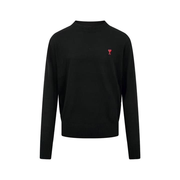 Ami Paris Heart Embroidery Merino Wool Sweater in Black With Red Heart Logo