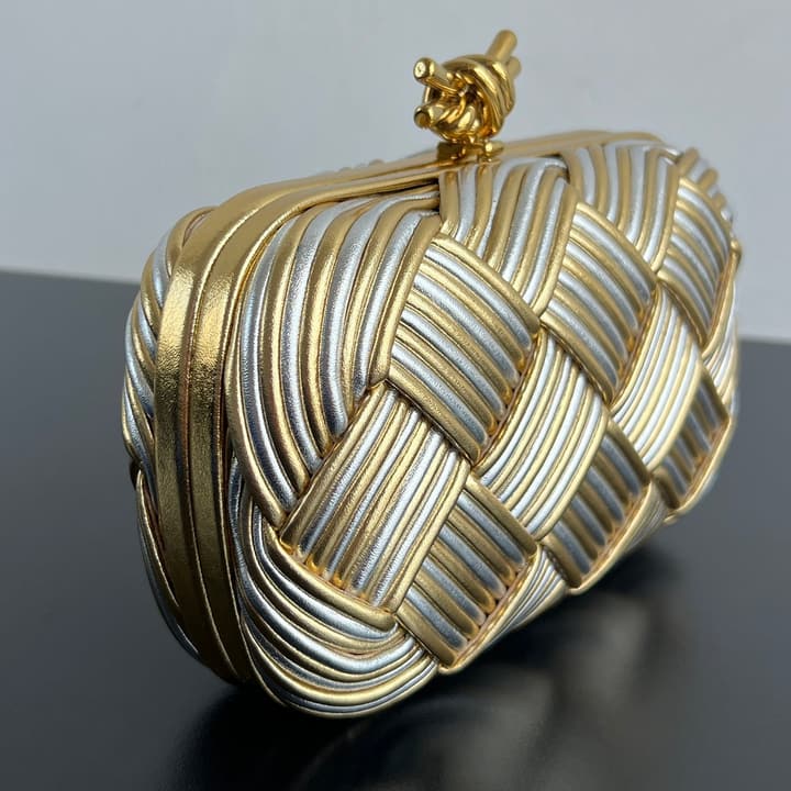 Bottega Veneta Kont Two-Tone Evening Clutch Bag in Gold And Silver Woven Leather