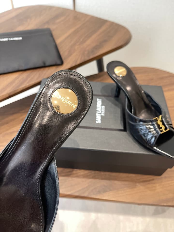 Saint Laurent Pointed Toe Stiletto Heeled Sandals – 26SS in Black - Gold Logo Plaque