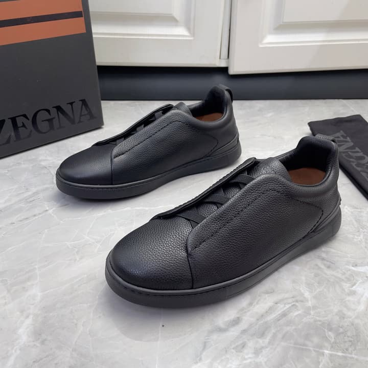 Zegna Triple Stitch Low-Top Sneakers in Navy Blue