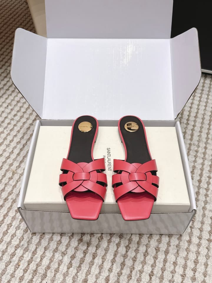 Saint Laurent Melody Square Toe Flat Sandals – 2026SS in Burgundy Patent