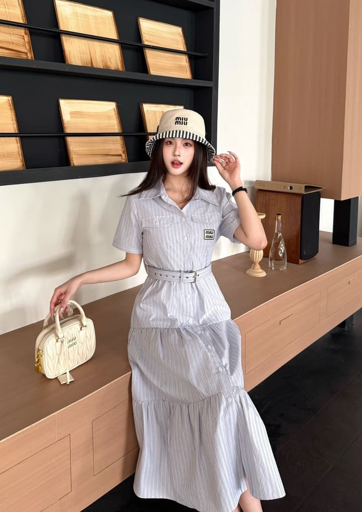 Miu Miu Striped Short-Sleeve Tiered Dress – Spring/Summer Collection in Light Blue