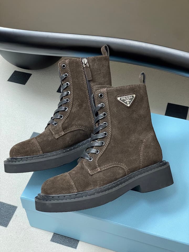 Prada Triangle Logo Combat Boots – 25SS in Black Suede