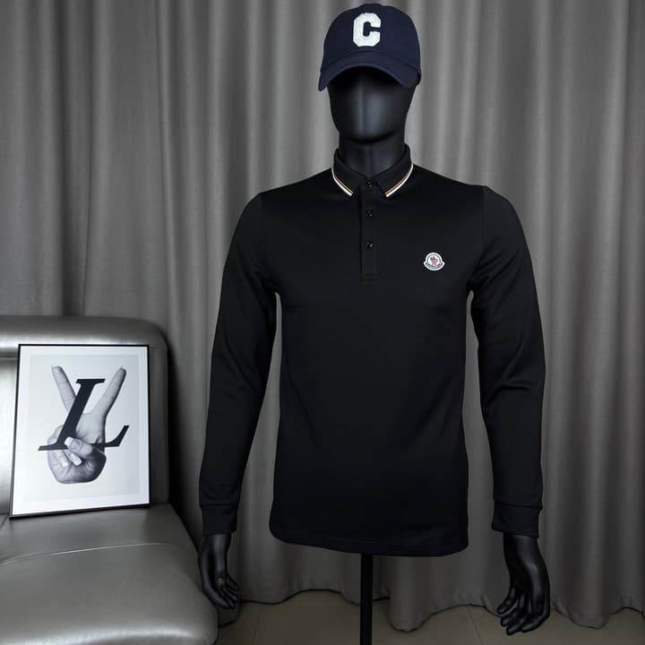 Moncler Classic Striped Collar Embroidered Long Sleeve Polo Shirt – Spring/Autumn Collection in Black With White Tipping (hanger)