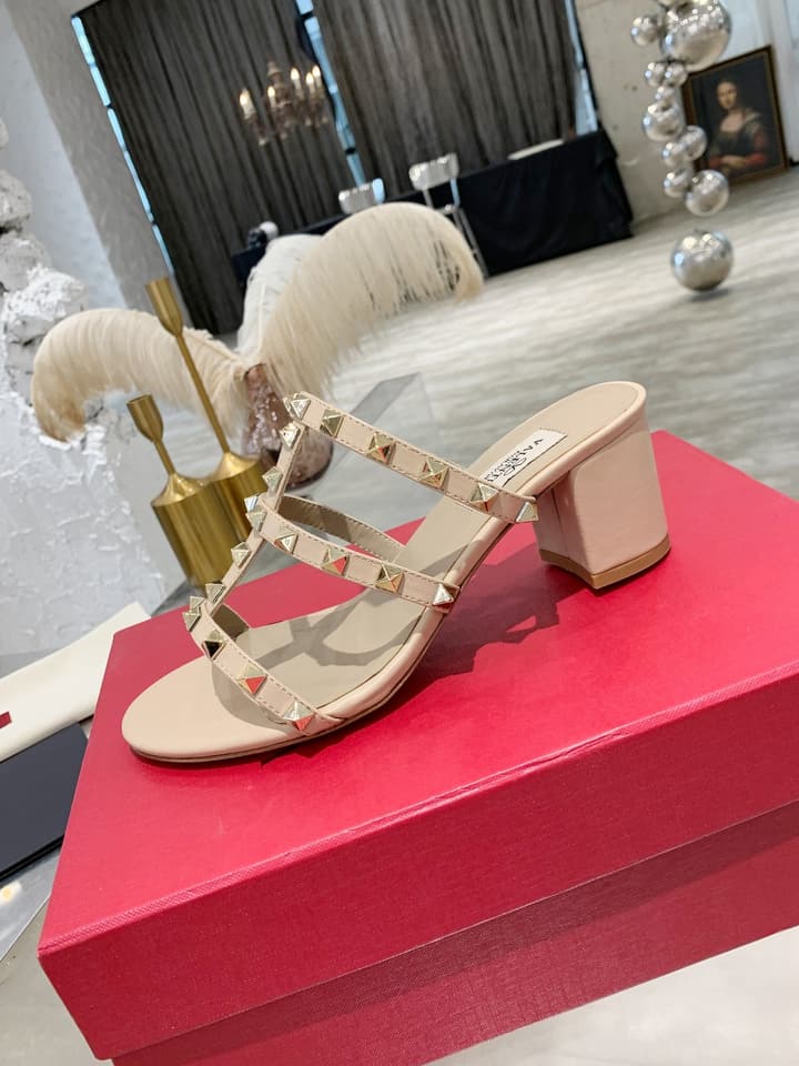 Valentino Rockstud Classic Block Heel Sandals in Nude With Gold Studs
