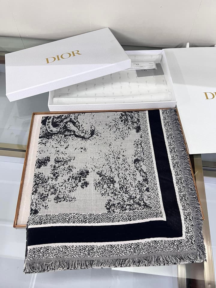 Dior Limited Edition Grey Shawl in Beige Blue Toile
