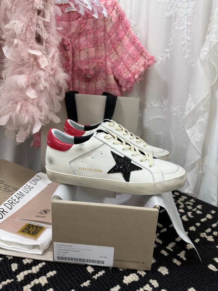 Golden Goose Super Star Rhinestone Leather Sneakers in Grey Suede Black Leather White Star