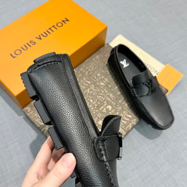 Louis Vuitton Men's Grained Leather Driving Shoes in Dark Gunmetal Hardware