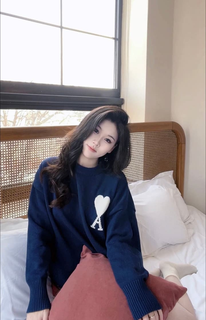 AMI Paris Heart Letter Knit Sweater in Deep Navy Blue