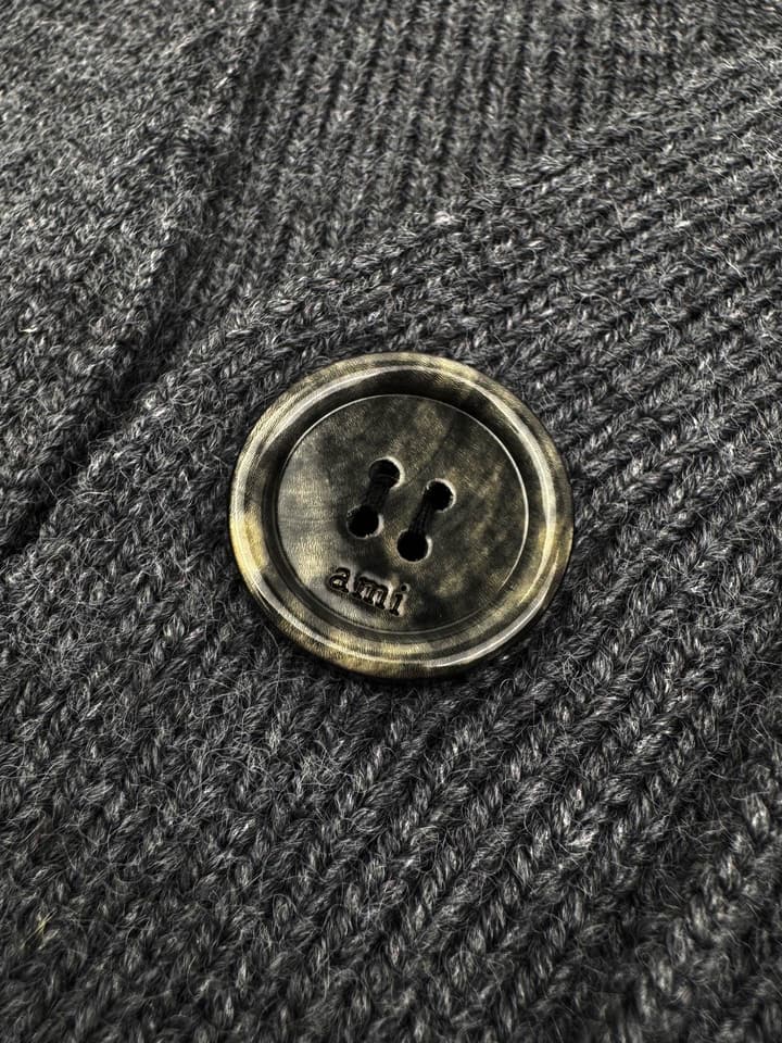 Ami Paris Heart Jacquard Merino Cardigan in Graphite Gray With Red Heart Logo