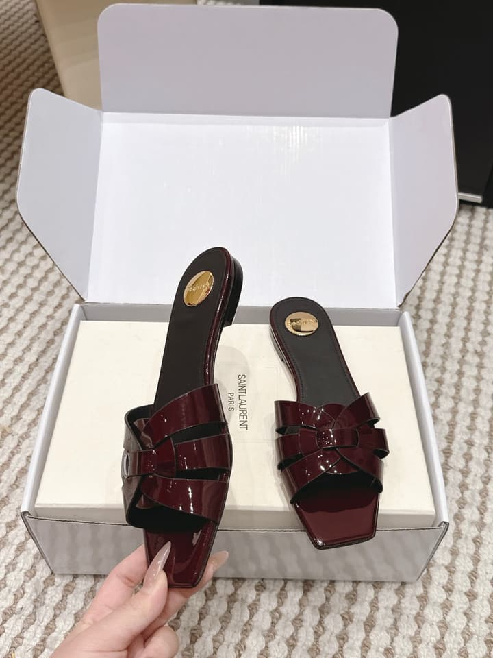 Saint Laurent Melody Square Toe Flat Sandals – 2026SS in Burgundy Patent
