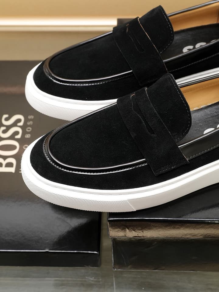 Boss Men's Luxury Leather Slip-On Loafers in Black Smooth Leather