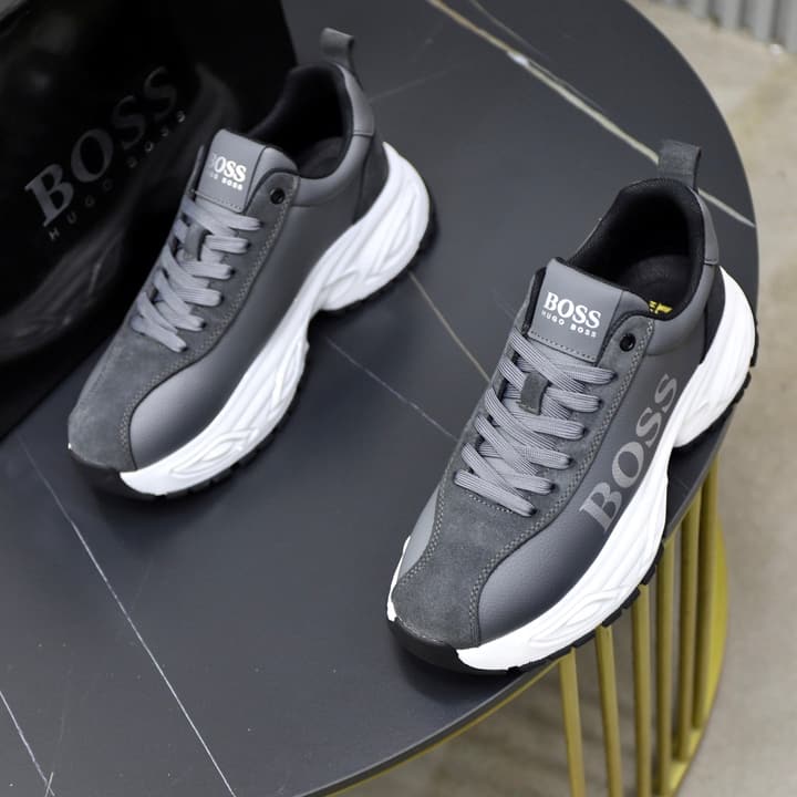 Boss Men's Luxury Running Sneakers in Black Mesh With White Sole
