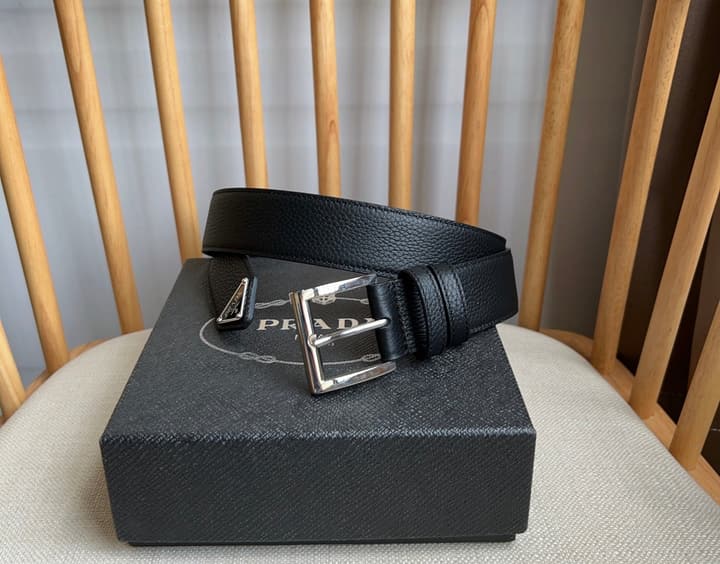 Prada Leather Belt with Triangle Logo in Black Leather Gold Buckle