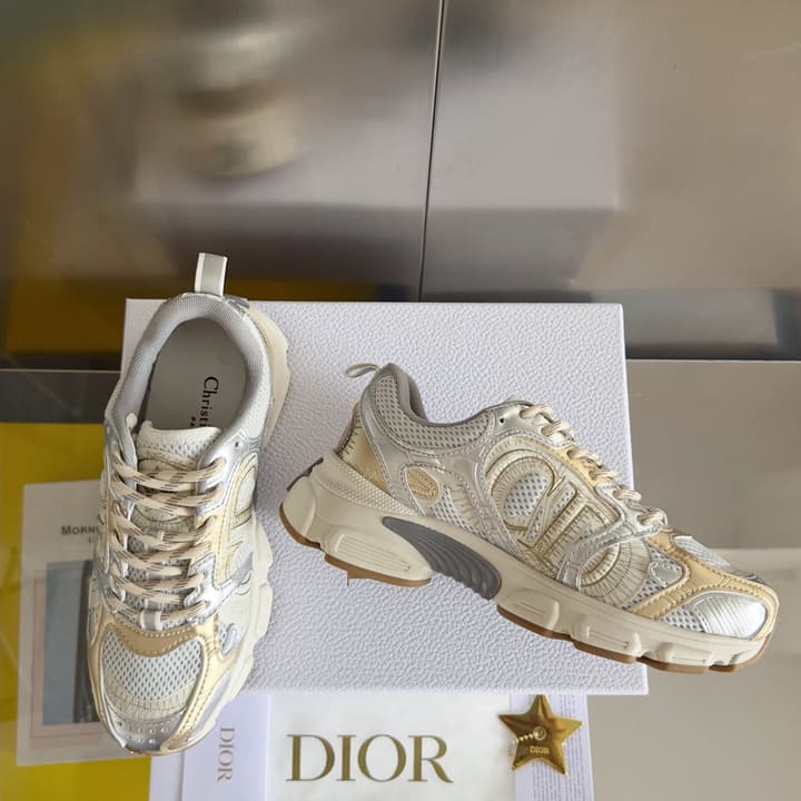 Dior Chrono Mesh and Leather Sneakers – 2024 Fall Collection in Brown And Gold