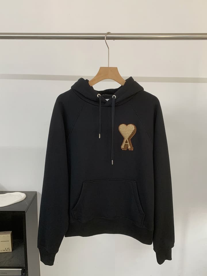 AMI Paris Heart Logo Embroidered Hoodie – 25SS in Black Crewneck