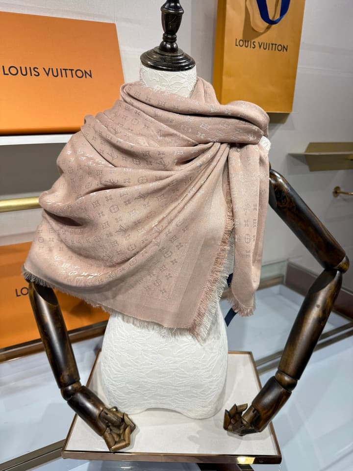 Louis Vuitton Classic Monogram Silk Wool Shawl in Beige