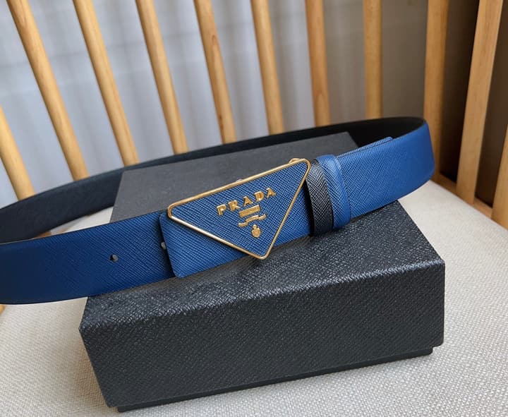 Prada Triangle Logo Buckle Belt in Black Textured Leather With Black Buckle