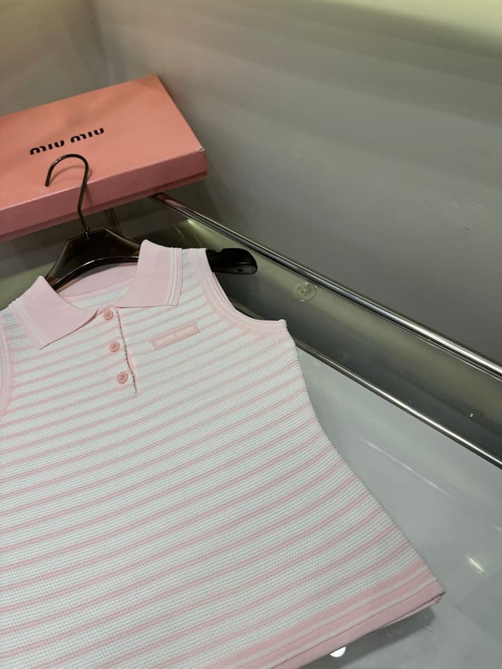 Miu Miu Striped Polo Collar Knit Vest in Pink