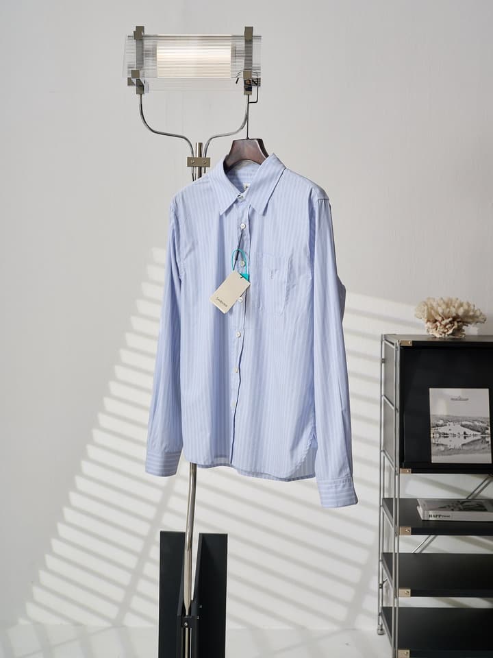 Saint Laurent Pocket Embroidered Striped Long-Sleeve Shirt in Light Blue