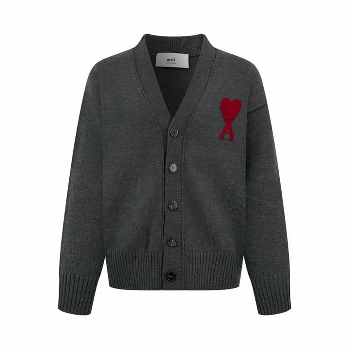 Ami Paris Heart Jacquard Merino Cardigan in Graphite Gray With Red Heart Logo