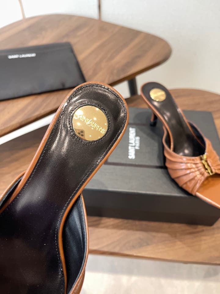 Saint Laurent Pointed Toe Stiletto Heeled Sandals – 26SS in Black - Gold Logo Plaque