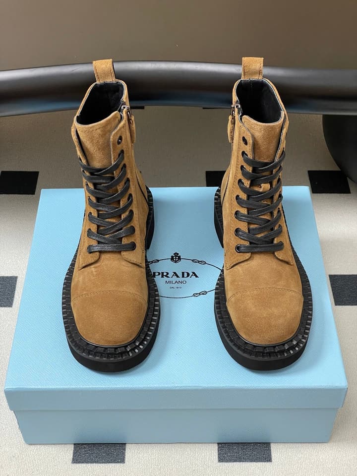 Prada Triangle Logo Combat Boots – 25SS in Black Suede