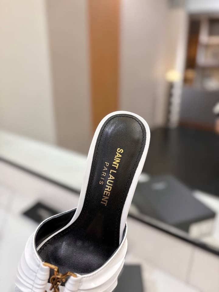 Saint Laurent Crystal Chain Patent Leather Heeled Sandals – 2025 Spring/Summer Collection in White Patent