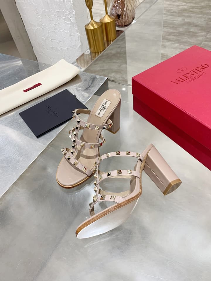 Valentino Studded Classic Block Heel Sandals in Beige
